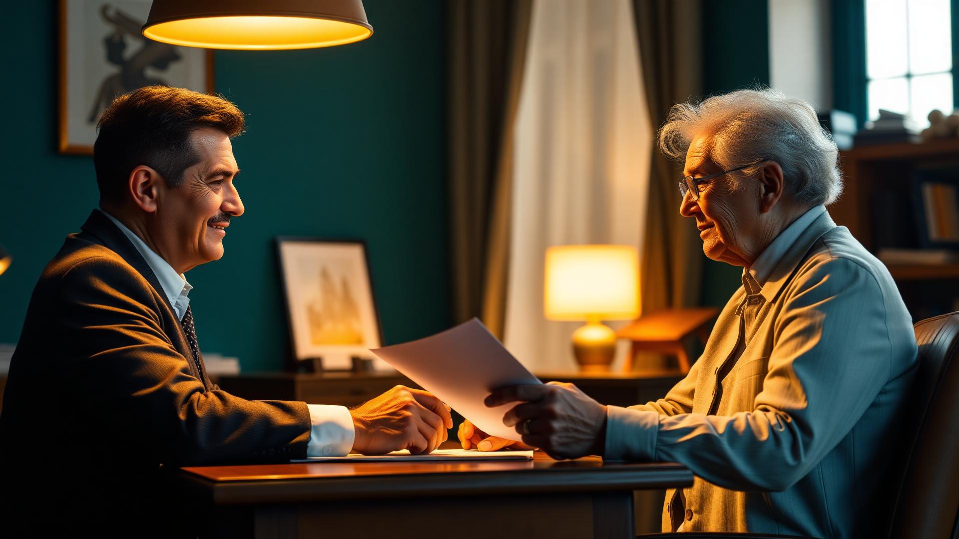 Advogado conversando atentamente com uma cliente em um escritório acolhedor